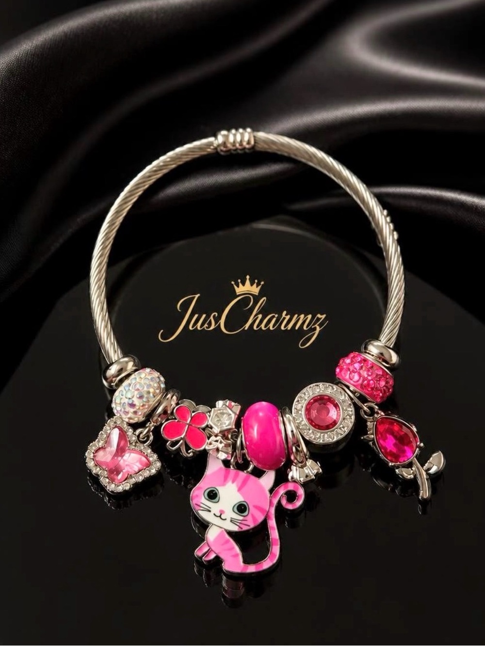 Pink Cat Charm Bracelet - Silver Tone
